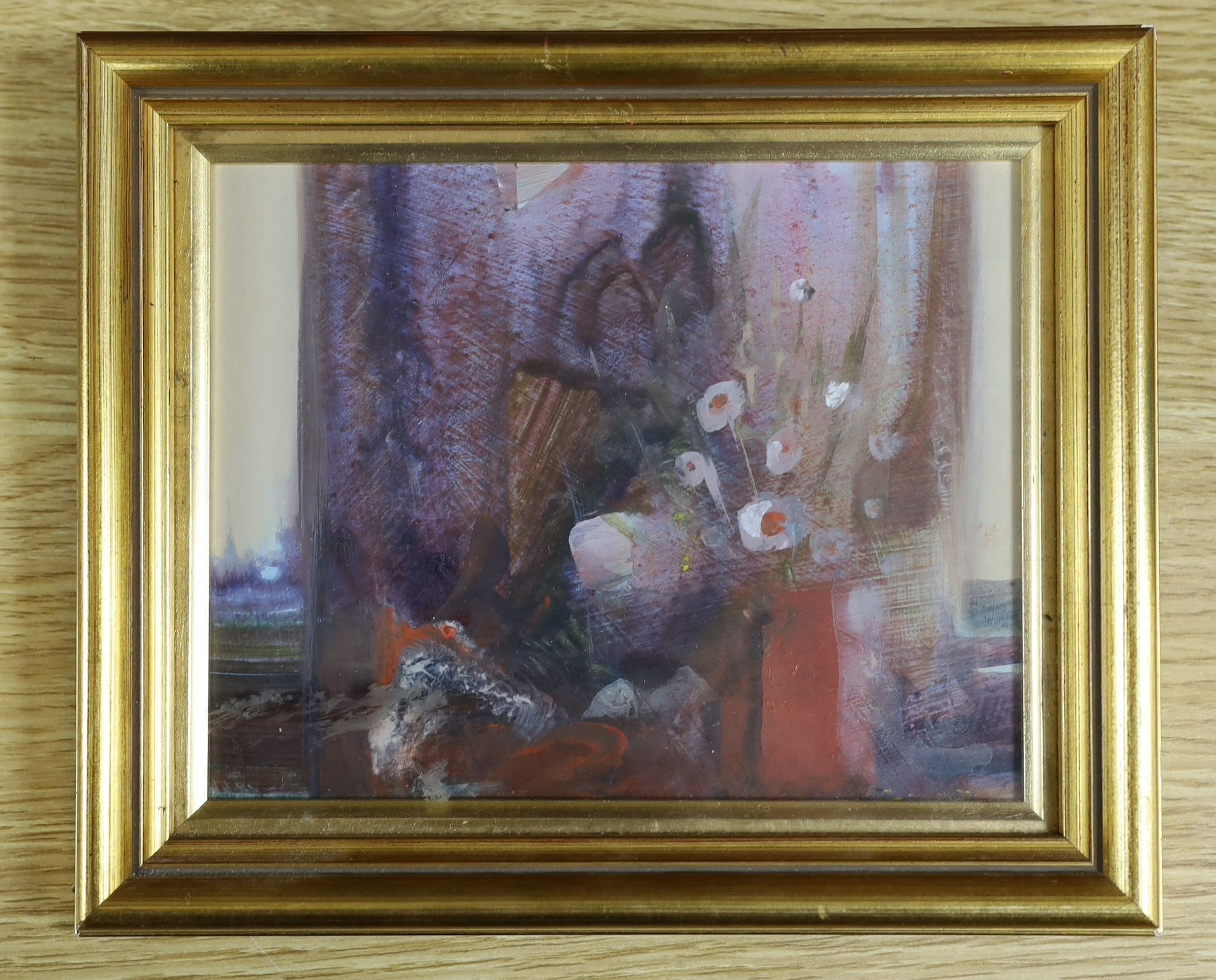 Mardi Barrie (1930-2004), acrylic on board, 'Still life, Senlis', Thackeray Gallery label verso, 14 x 18cm